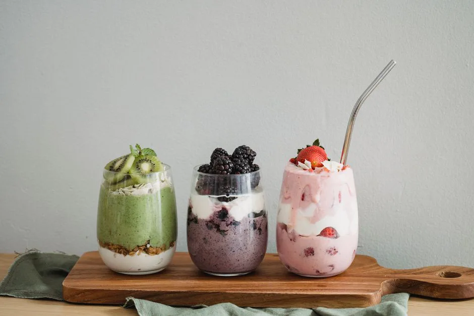 Colorful homemade fruit smoothies with kiwi, blackberry, and strawberry on a wooden board.