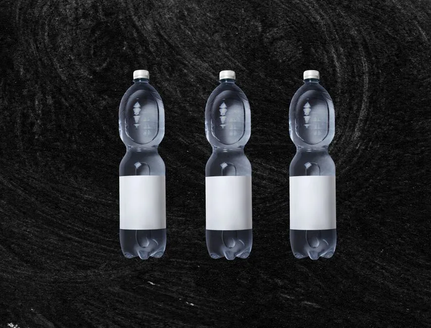Plastic bottles of still spring water with white blank sticker placed against rough black background