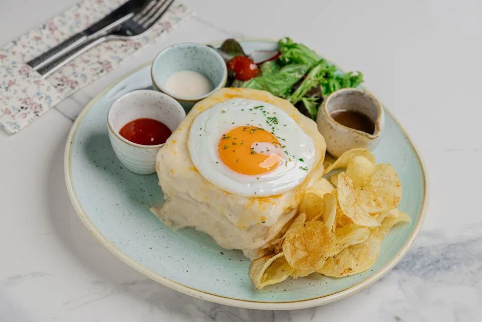Appetizing dish featuring a fried egg, crisps, salad, and sauce, perfectly plated.