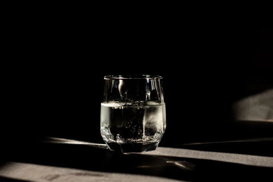 A glass of carbonated water illuminated in a moody dark environment, perfect for refreshment themes.