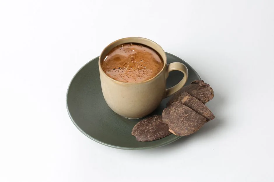 A steaming cup of coffee served with chocolate slices on a green saucer, perfect for coffee enthusiasts.