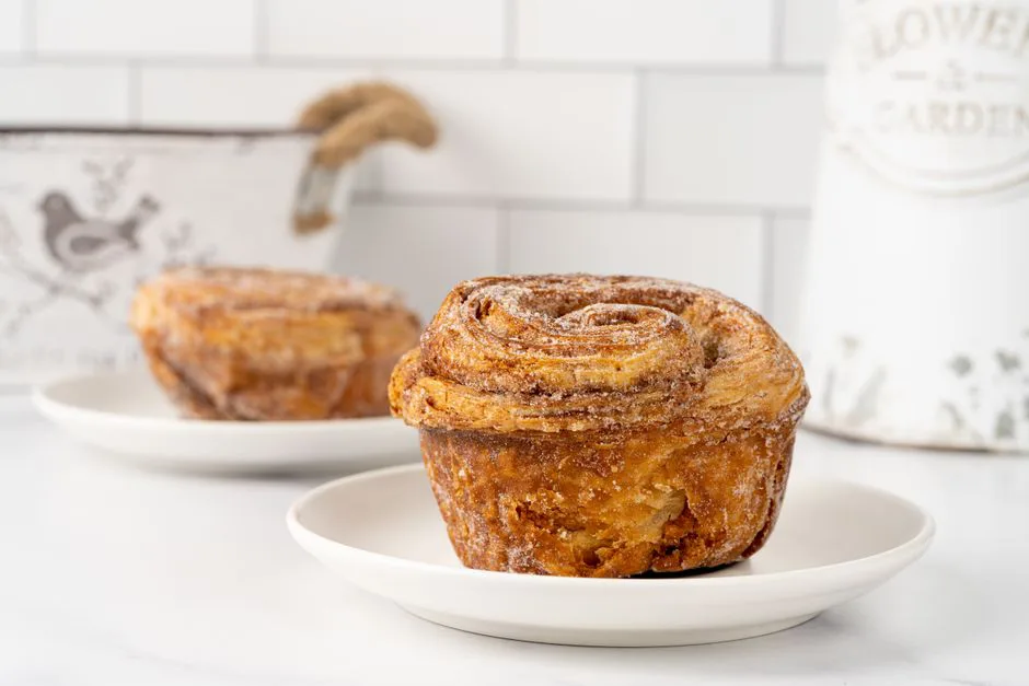 Close-up of a freshly baked cinnamon roll on a plate, perfect for breakfast or dessert.