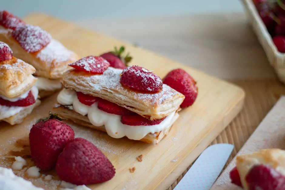 Indulge in layers of puff pastry, cream, and fresh strawberries for a delightful dessert treat.