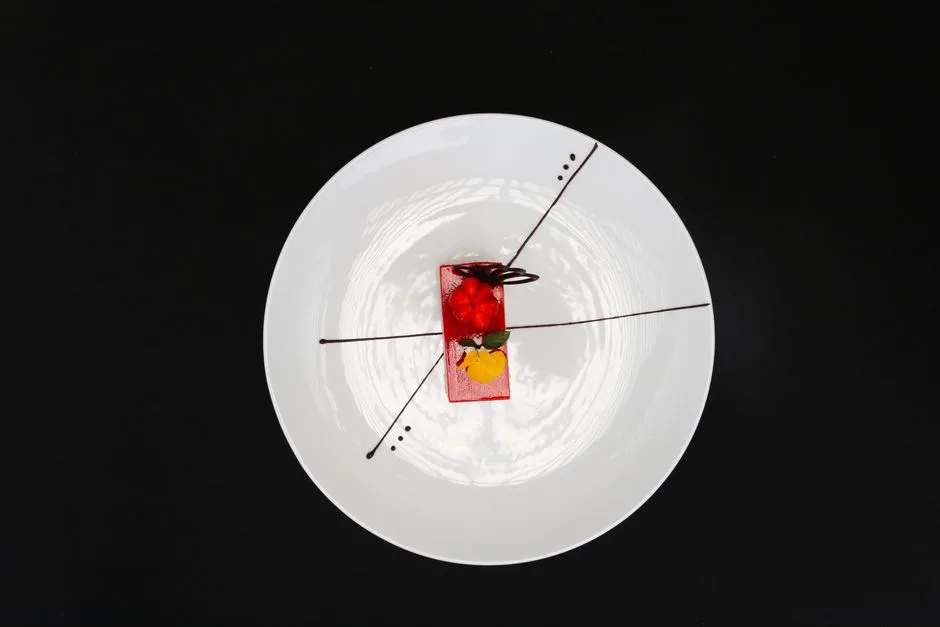 Artistic dessert arrangement on a white plate with minimalist chocolate garnish.
