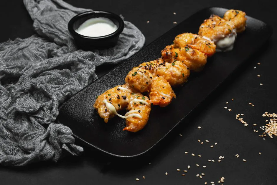 A plate of crispy tempura shrimp served with creamy dip sauce on a dark background.