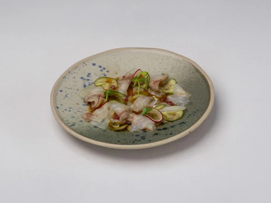 Gourmet fish carpaccio elegantly plated in a speckled bowl in Bodrum, Türkiye.