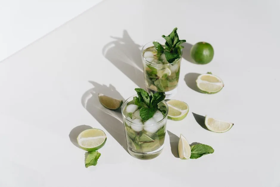 A refreshing mojito cocktail with lime and mint, perfect for a cool, summer refreshment.