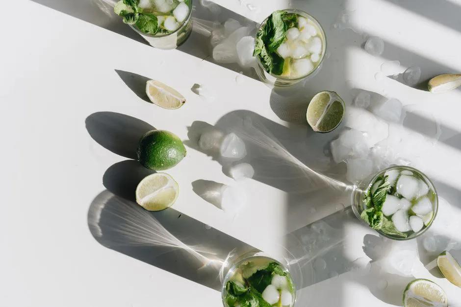 A top-down view of mojitos with lime and mint on a white surface in sunlight.
