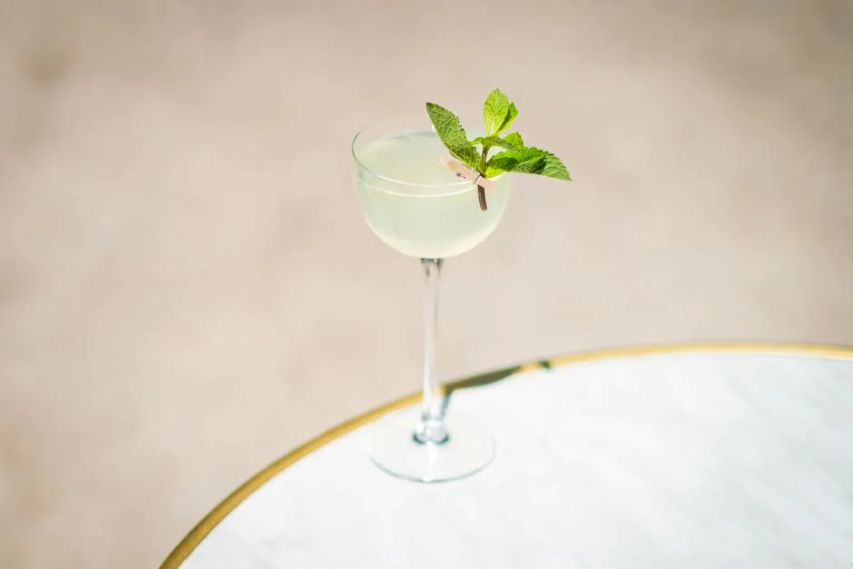 Elegant cocktail with mint garnish in a glass on marble, perfect for summer refreshment.