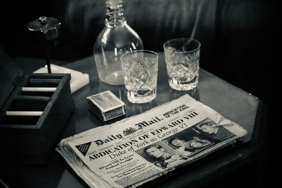 Black and white still life featuring vintage newspaper, glassware, and smoking set.