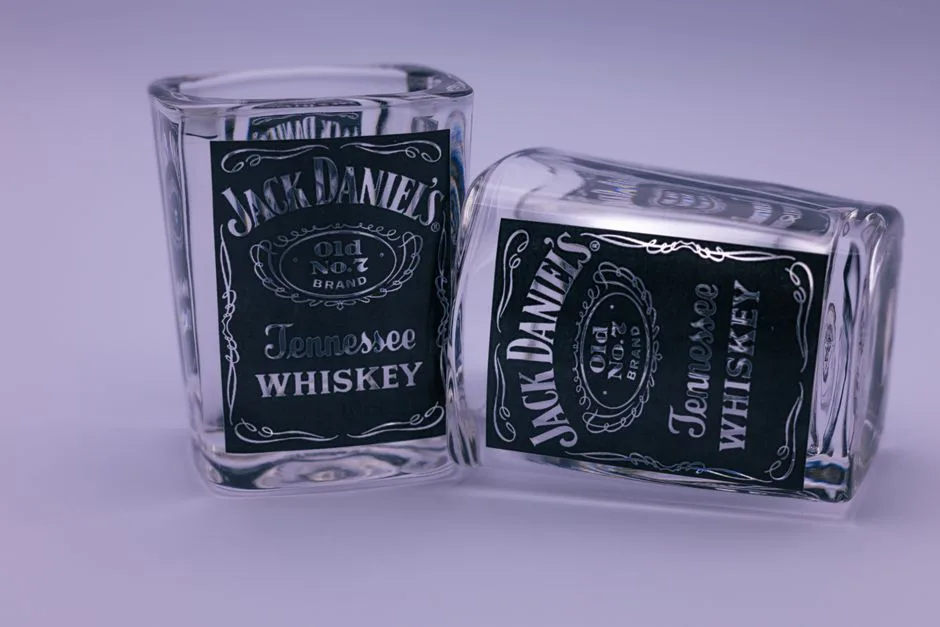 Close-up of Jack Daniel's themed whiskey glasses in a studio setting.