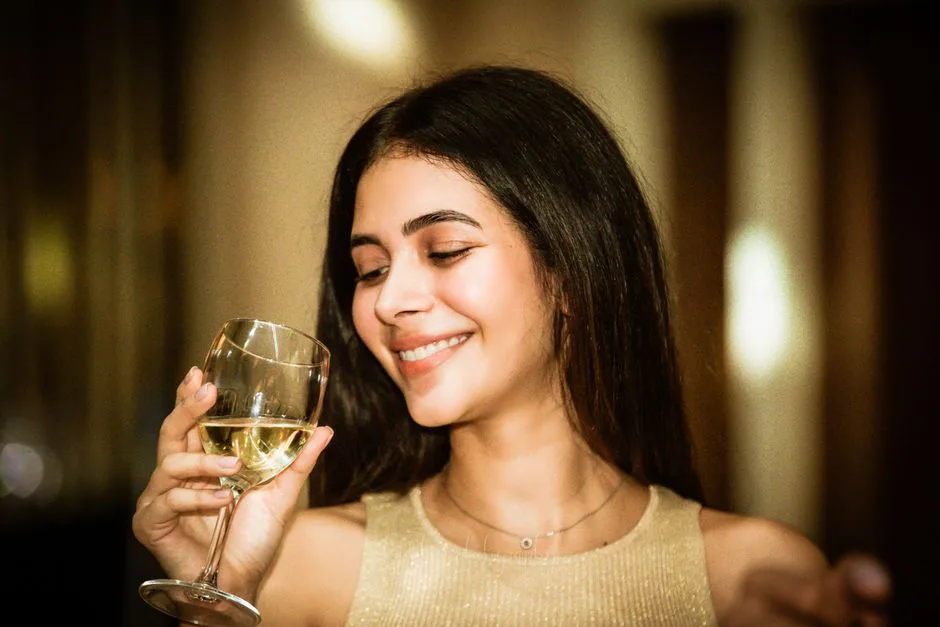 Portrait of a smiling woman enjoying a glass of white wine indoors, creating a joyful and relaxed atmosphere.