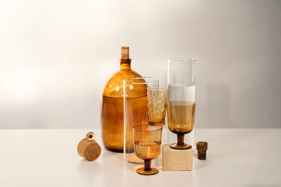 A sophisticated arrangement of vintage glassware on a neutral background.
